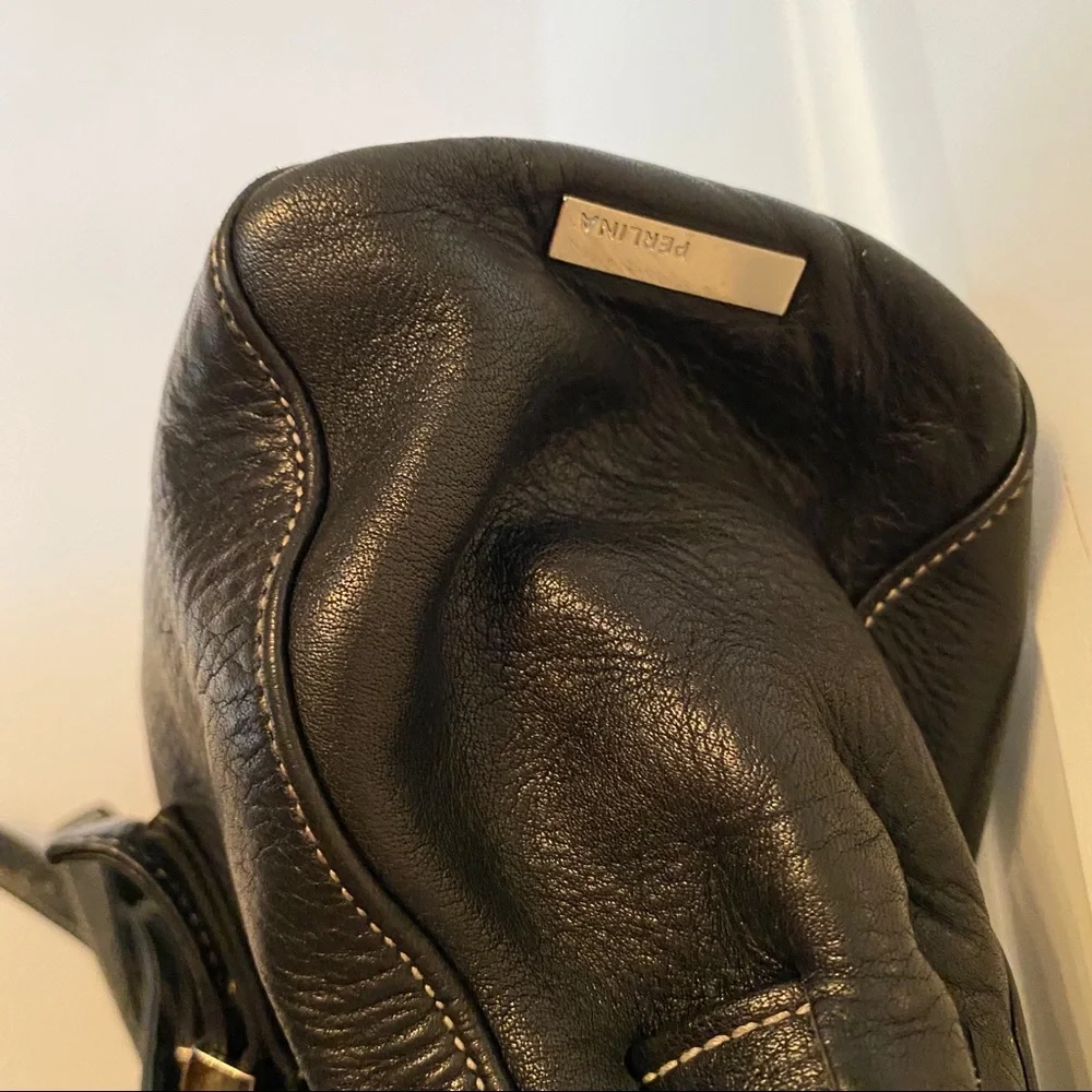 PERLINA SHOULDER BAG SATCHEL BLACK LEATHER 2 STRAP FLAP CLOSE